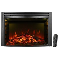 e-Flame USA Quebec Electric Fireplace Stove Insert by (Matte Black) - 26-inches Wide  Curved with Remote Control  and Features Heater and Fan Settings with Realistic Brightly Burning Fire and Logs - B075ZDKR8C